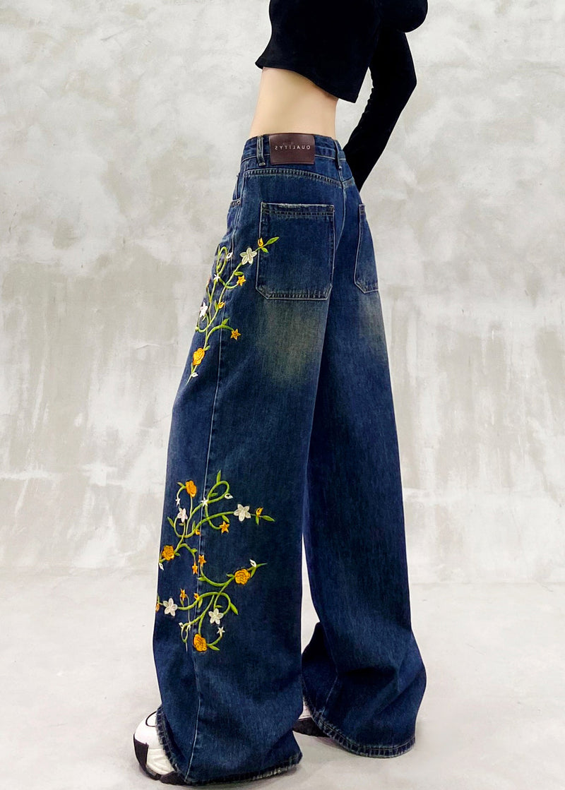 Blue Embroidered Pockets Patchwork Denim Pants Spring