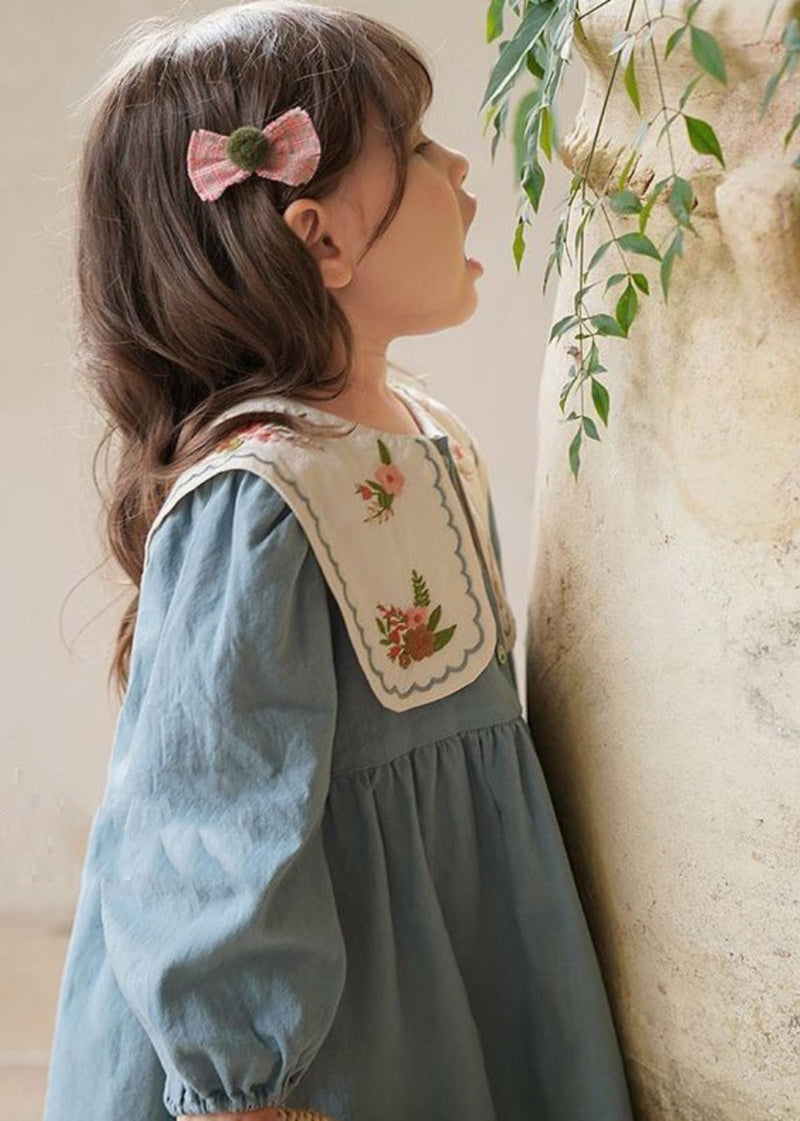 Blue Embroideried Patchwork Long Dress Fall