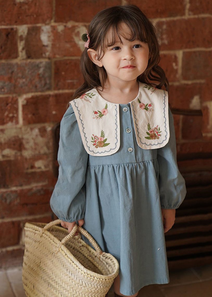 Blue Embroideried Patchwork Long Dress Fall