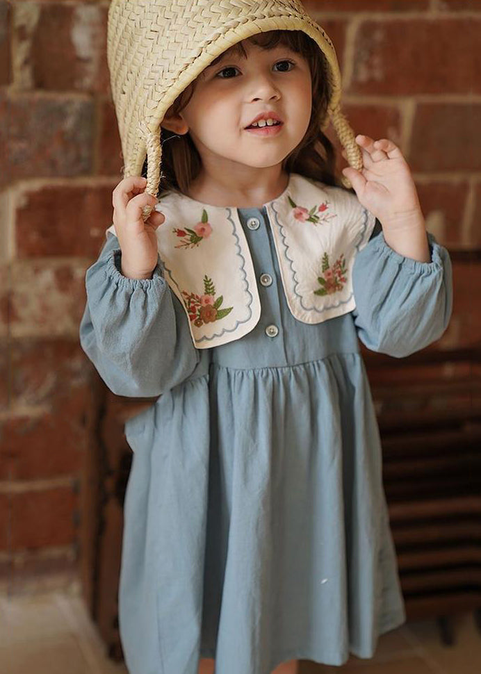 Blue Embroideried Patchwork Long Dress Fall