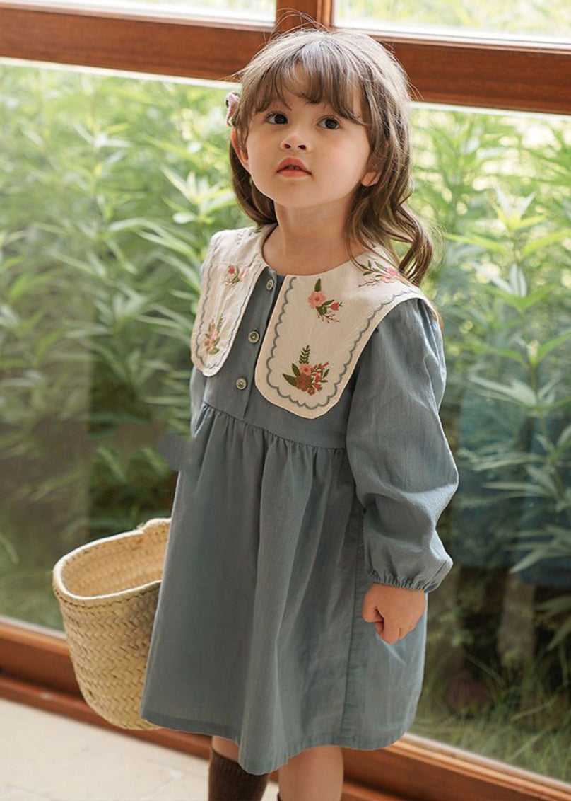 Blue Embroideried Patchwork Long Dress Fall