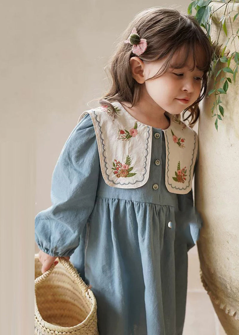 Blue Embroideried Patchwork Long Dress Fall