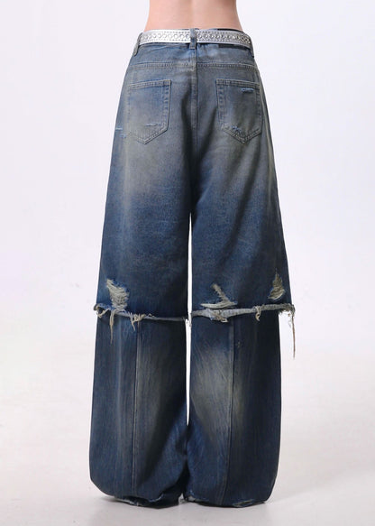 Blue False Two Pieces Patchwork Ripped Denim Pants Spring