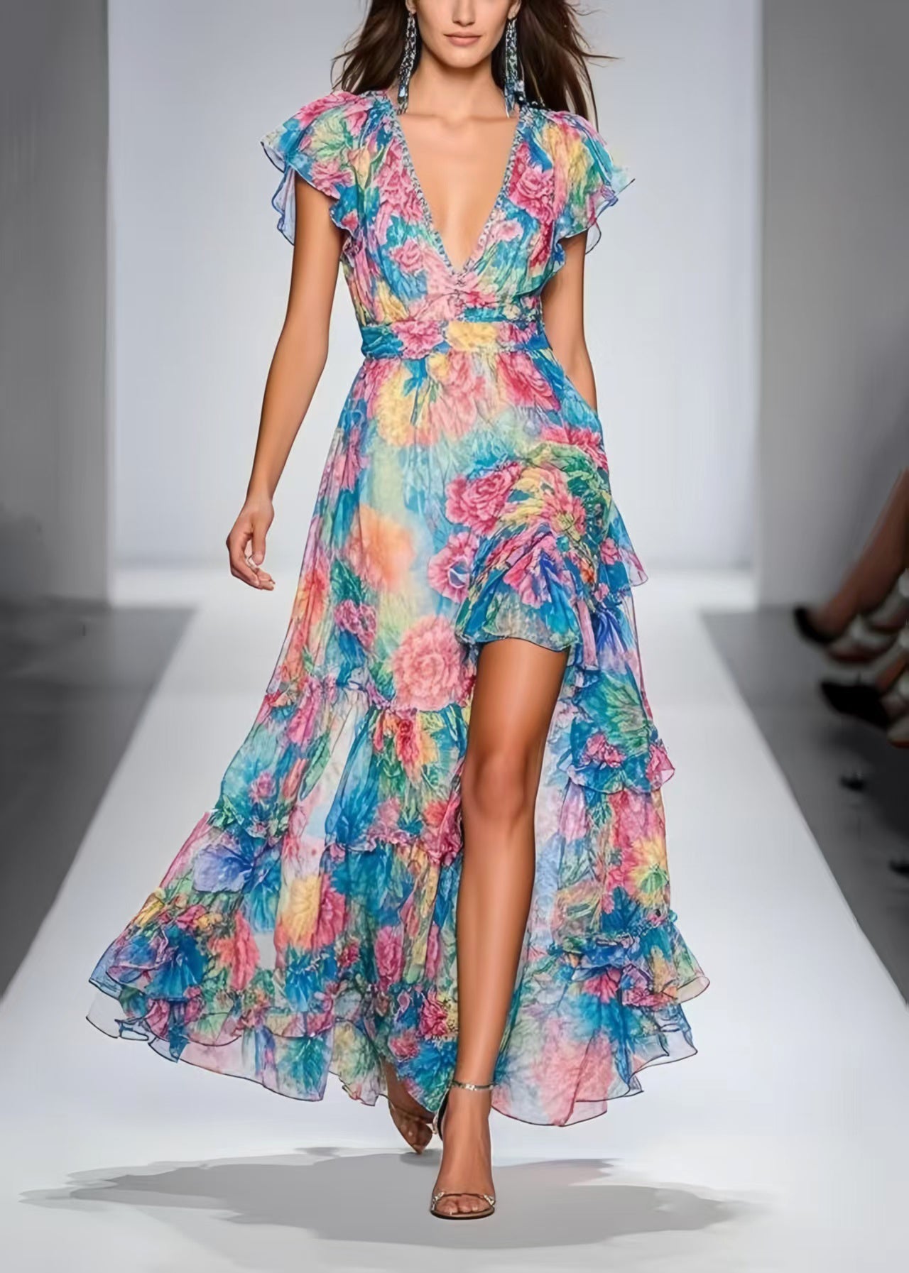 Blue Print Side Open Chiffon Maxi Dresses Summer
