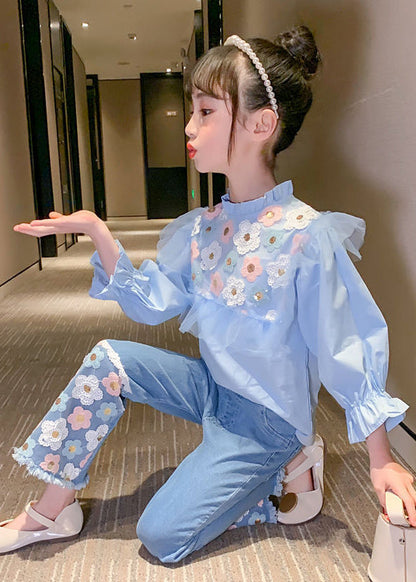Blue Ruffled Cotton Tops and Denim Pants Baby Two Pieces Set Fall