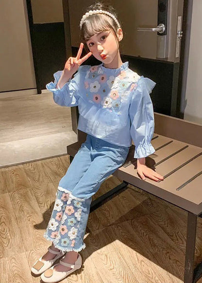 Blue Ruffled Cotton Tops and Denim Pants Baby Two Pieces Set Fall