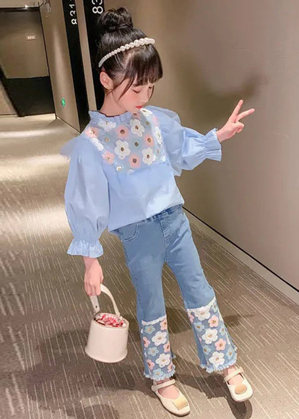 Blue Ruffled Cotton Tops and Denim Pants Baby Two Pieces Set Fall
