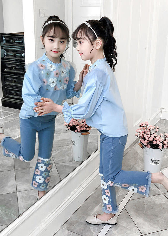 Blue Ruffled Cotton Tops and Denim Pants Baby Two Pieces Set Fall