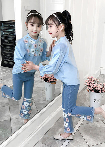Blue Ruffled Cotton Tops and Denim Pants Baby Two Pieces Set Fall