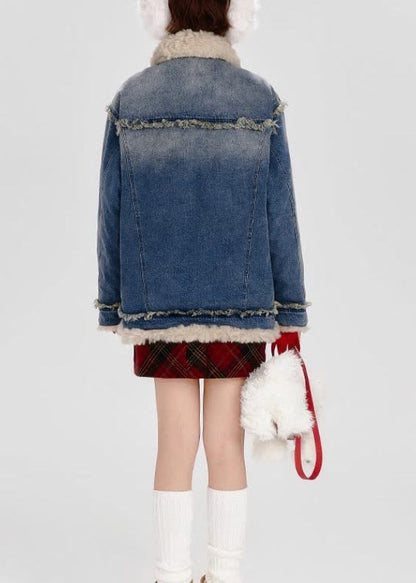 Blue Fuzzy Fur Patchwork Fine Cotton Filled Denim Coat Winter
