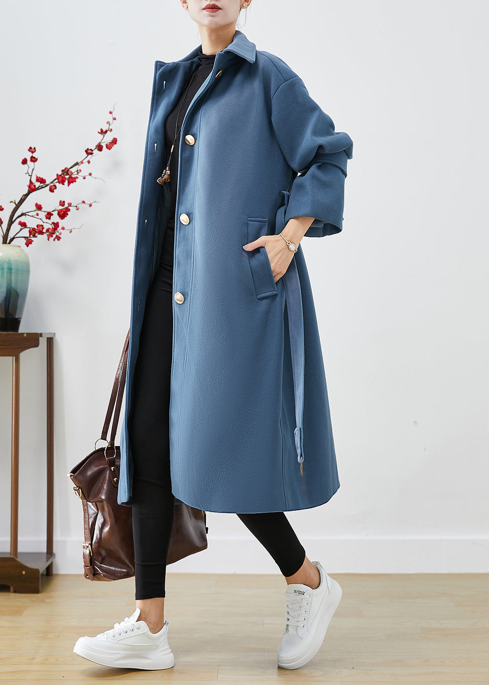 Blue Grey Peter Pan Collar Tie Waist Woolen Trench Fall