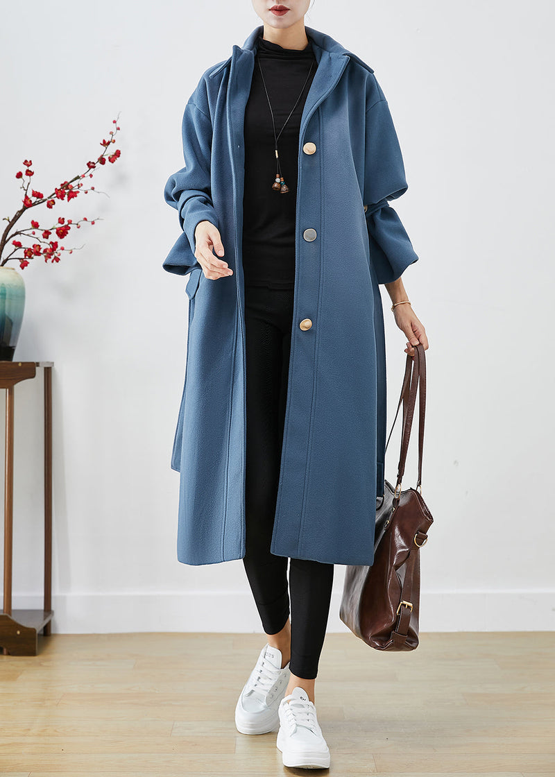 Blue Grey Peter Pan Collar Tie Waist Woolen Trench Fall