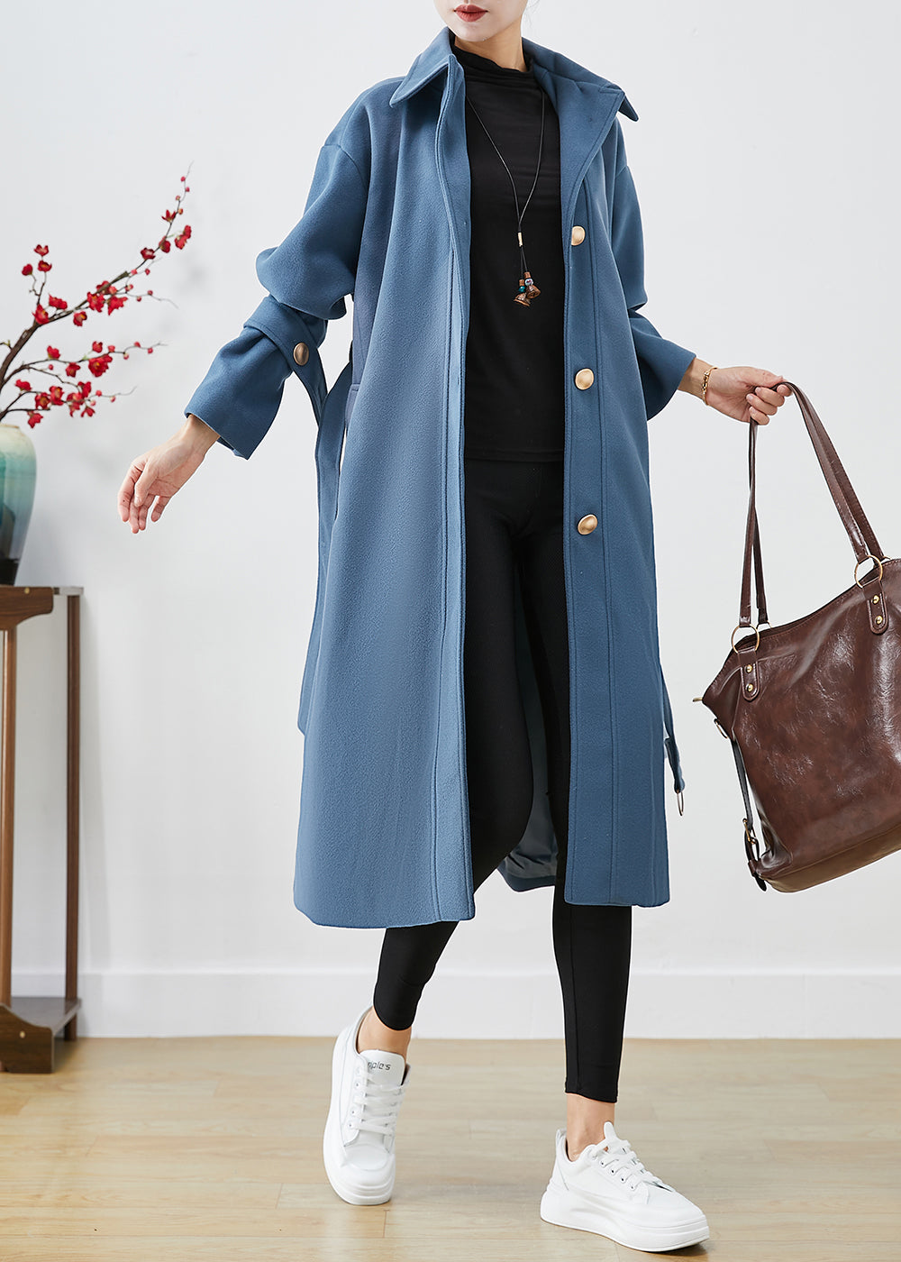 Blue Grey Peter Pan Collar Tie Waist Woolen Trench Fall