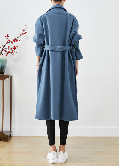 Blue Grey Peter Pan Collar Tie Waist Woolen Trench Fall