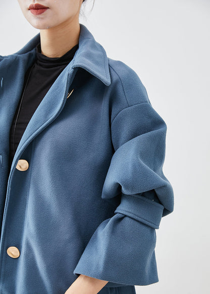 Blue Grey Peter Pan Collar Tie Waist Woolen Trench Fall