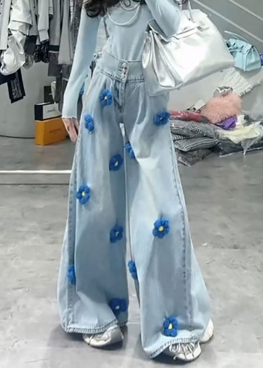 Blue High Waist Decorated Denim Wide Leg Pants Spring