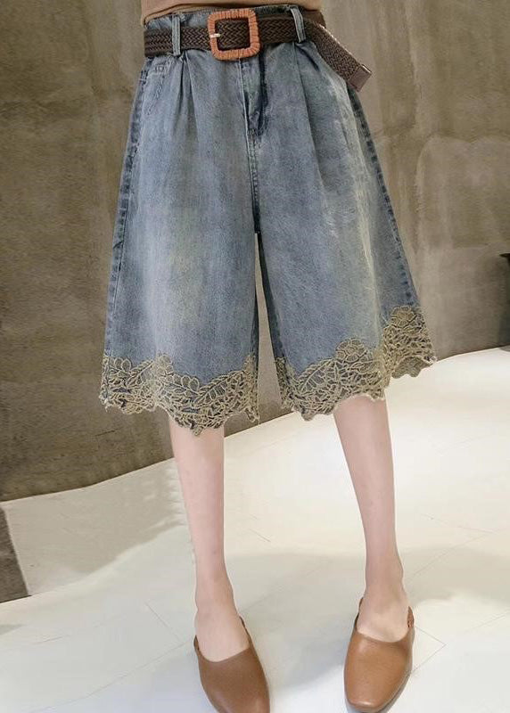 Blue High Waist Lace Patchwork Denim Shorts Summer