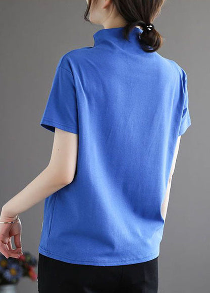 Blue Hign Neck Patchwork Cotton Top Half Sleeve