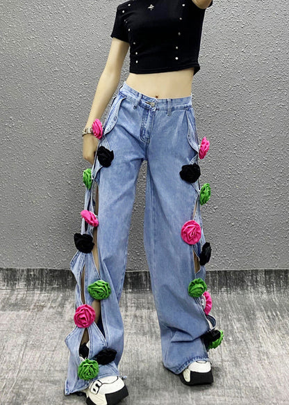 Blue Hollow Out Patchwork Denim Pants Spring