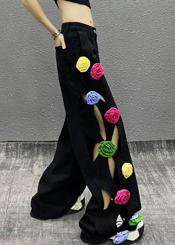 Blue Hollow Out Patchwork Denim Pants Spring