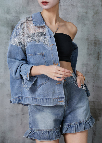 Blue Hollow Out Pockets Denim Coats Spring