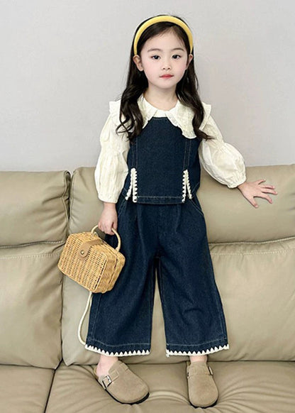 Blue Kids Denim Waistcoat Shirts and Crop Pants Three Pieces Set Spring