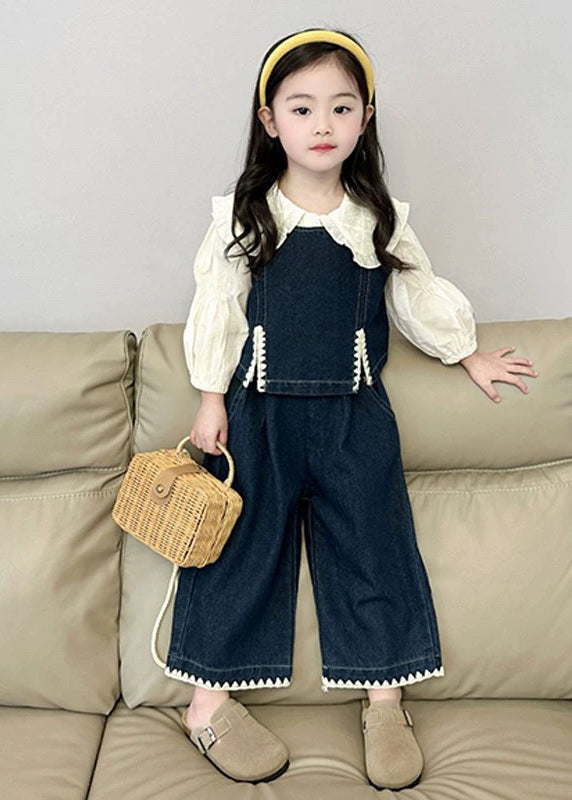 Blue Kids Denim Waistcoat Shirts and Crop Pants Three Pieces Set Spring
