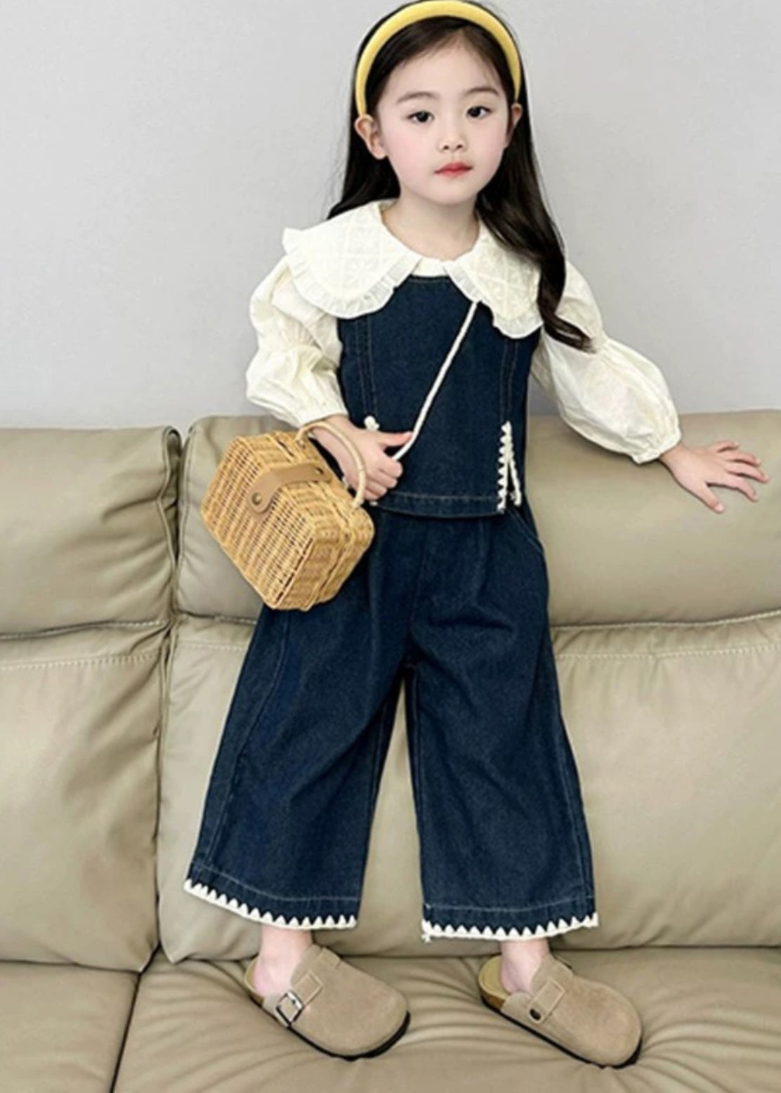 Blue Kids Denim Waistcoat Shirts and Crop Pants Three Pieces Set Spring