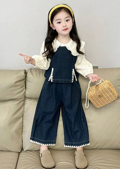 Blue Kids Denim Waistcoat Shirts and Crop Pants Three Pieces Set Spring