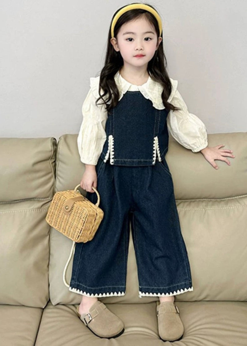 Blue Kids Denim Waistcoat Shirts and Crop Pants Three Pieces Set Spring
