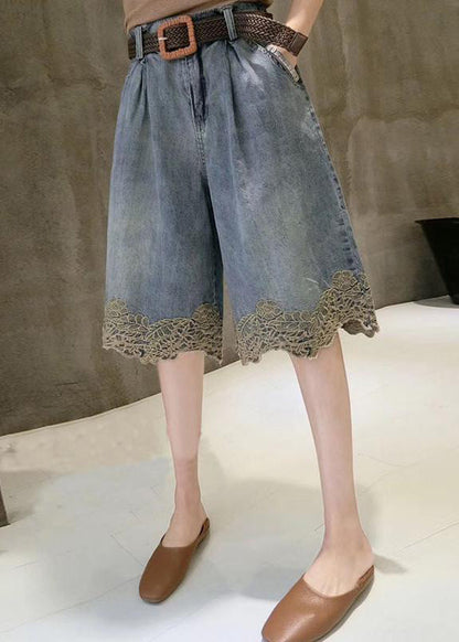 Blue Lace Patchwork Denim Hot Pants Summer