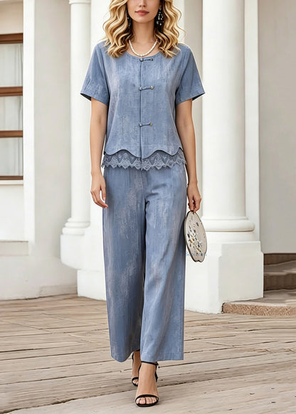 Blue Lace Patchwork Shirt and Crop Pants Two-piece Set Short Sleeve