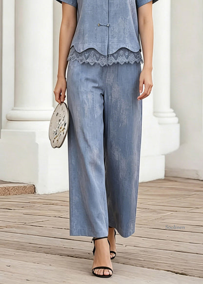 Blue Lace Patchwork Shirt and Crop Pants Two-piece Set Short Sleeve