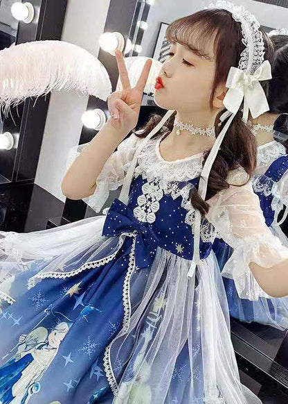 Blue Lace Patchwork Tulle Kids Long Dress Short Sleeve