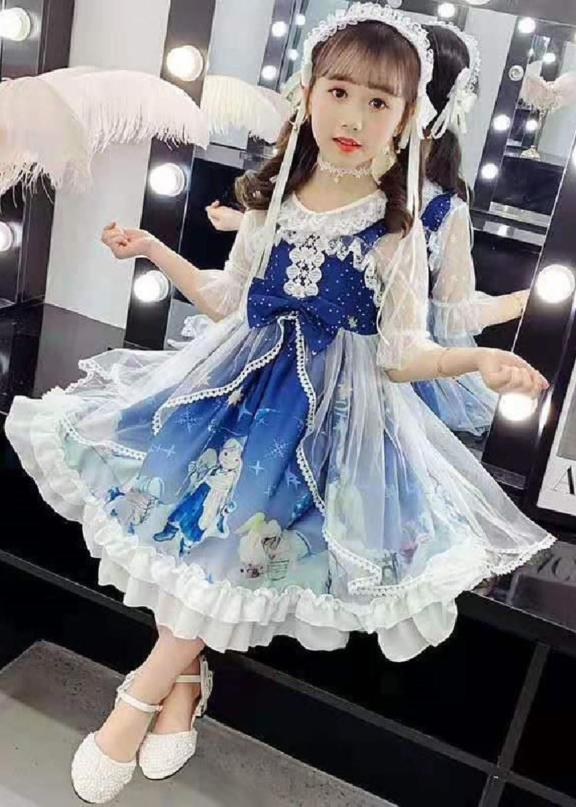 Blue Lace Patchwork Tulle Kids Long Dress Short Sleeve