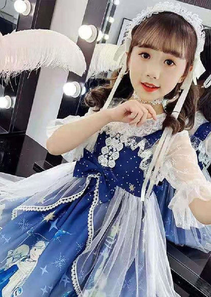 Blue Lace Patchwork Tulle Kids Long Dress Short Sleeve