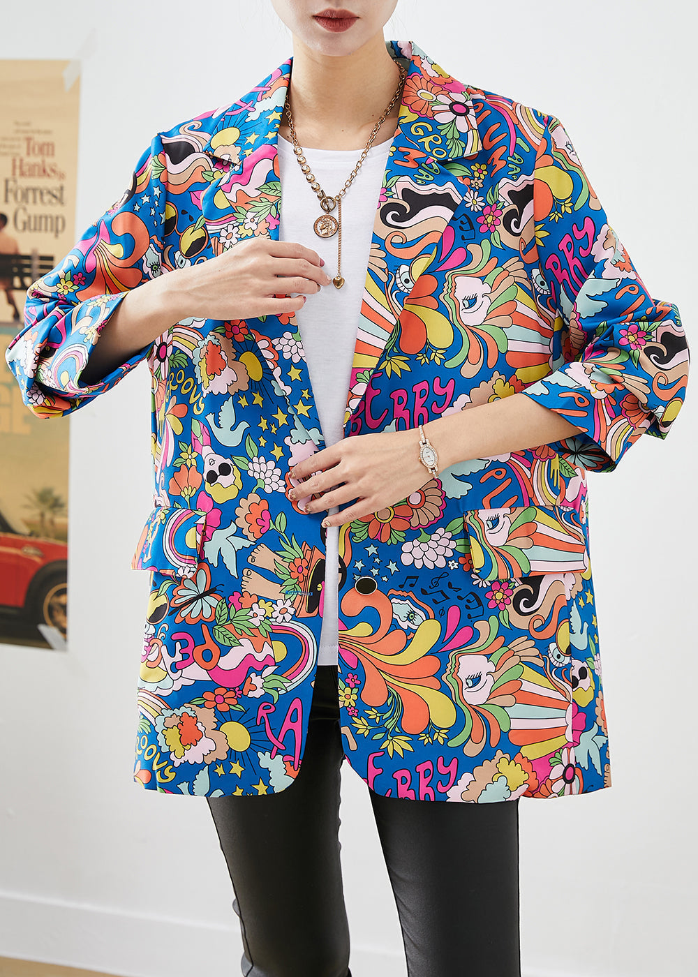 Blue Lapel Character Print Spandex Coats Fall