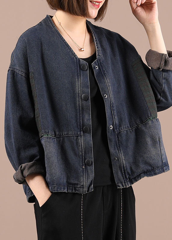 Blue Loose Pockets Button Fall Coat Long Sleeve