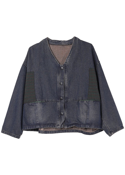 Blue Loose Pockets Button Fall Coat Long Sleeve