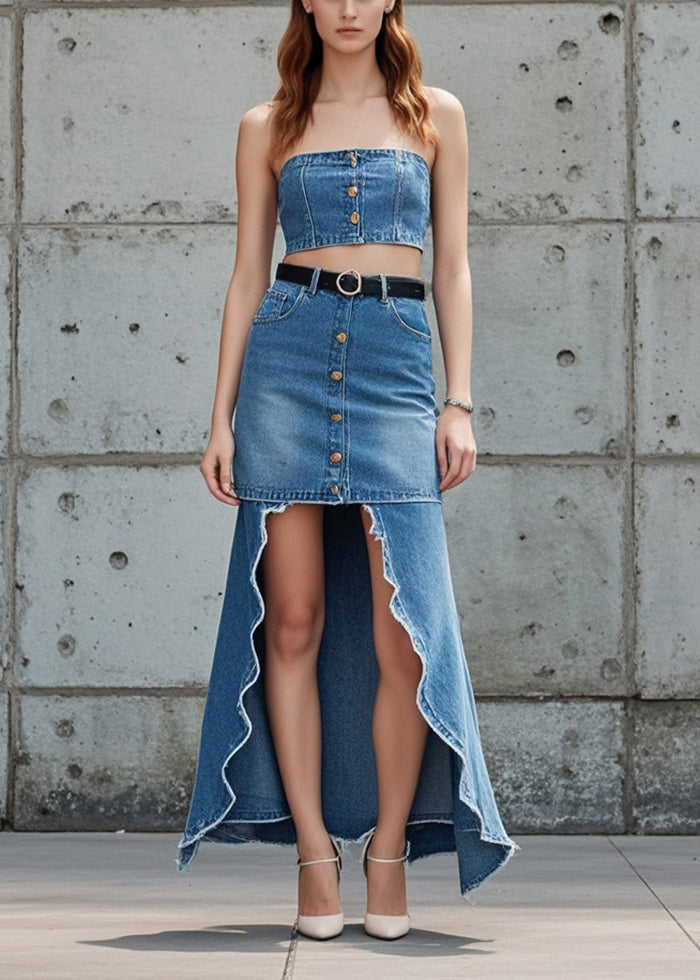 Blue Low High Design Patchwork Denim Skirts Spring