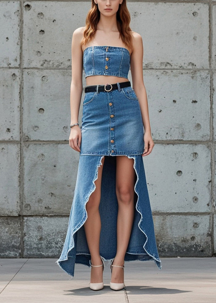 Blue Low High Design Patchwork Denim Skirts Spring