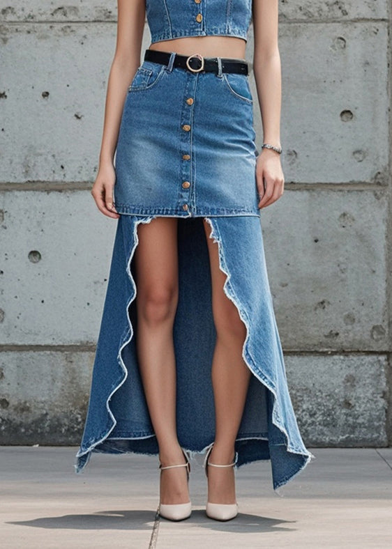 Blue Low High Design Patchwork Denim Skirts Spring