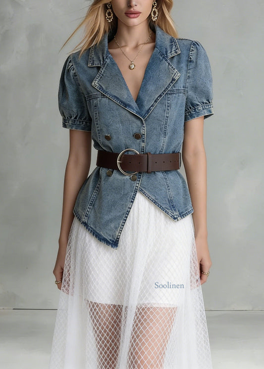Blue Notched Asymmetrical Design Denim Shirts Summer
