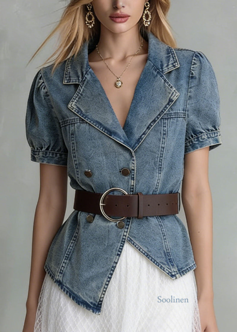 Blue Notched Asymmetrical Design Denim Shirts Summer