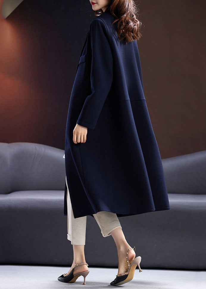 Blue Notched Button Pockets Long Coats Fall