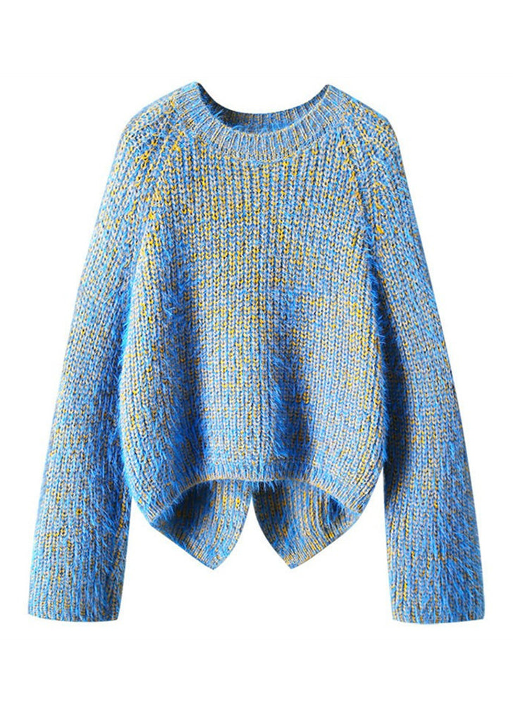 Blue O-neck Cozy Low High Design Knit Sweaters Fall