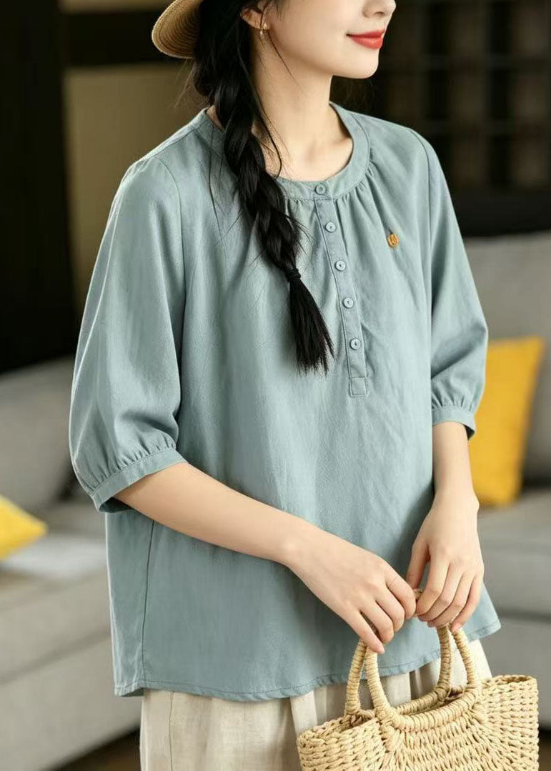 Blue O-neck Embroidered Cotton Top Half Sleeve
