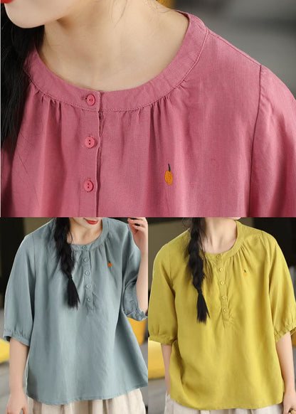 Blue O-neck Embroidered Cotton Top Half Sleeve
