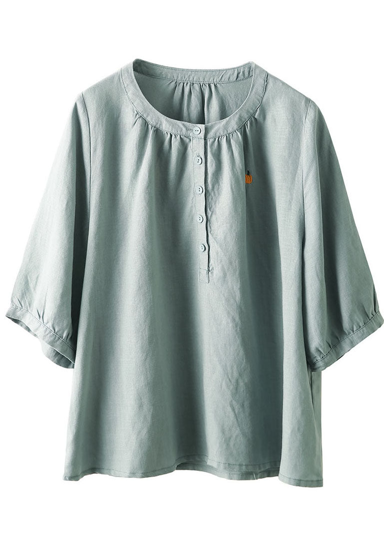 Blue O-neck Embroidered Cotton Top Half Sleeve