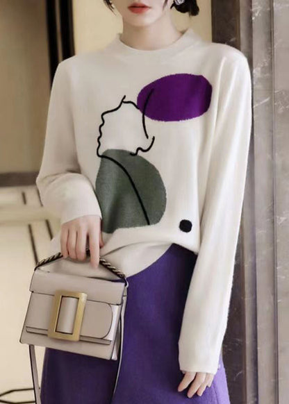 Blue O Neck Geometric Print Patchwork Knit Sweaters Fall